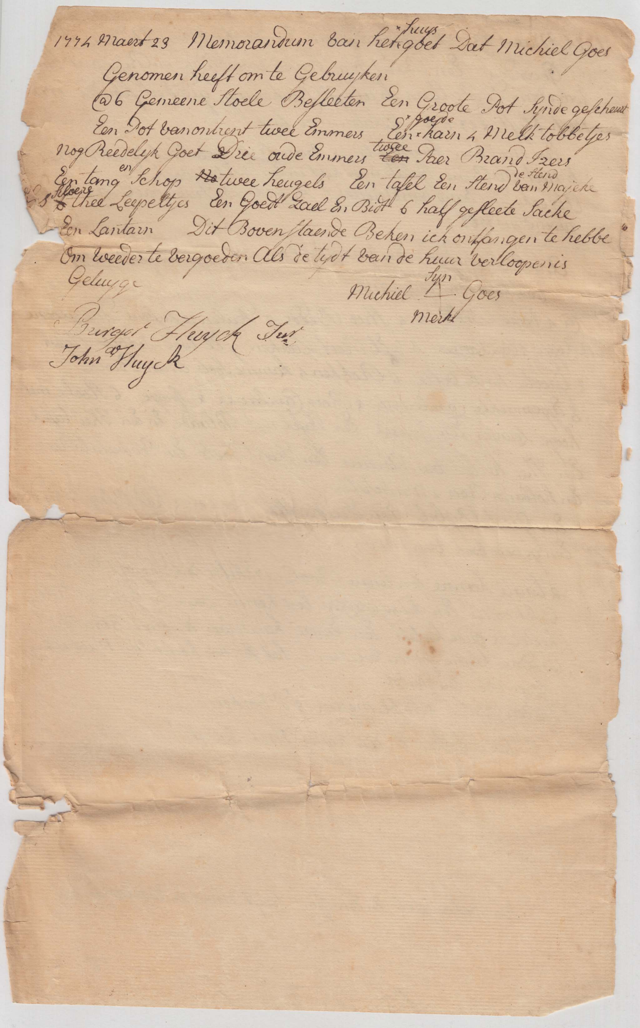 BH089, 1774-03-23 1774-03-23 Memorandum, Inventory and Distribution of Andries Burger Huyck's Estate